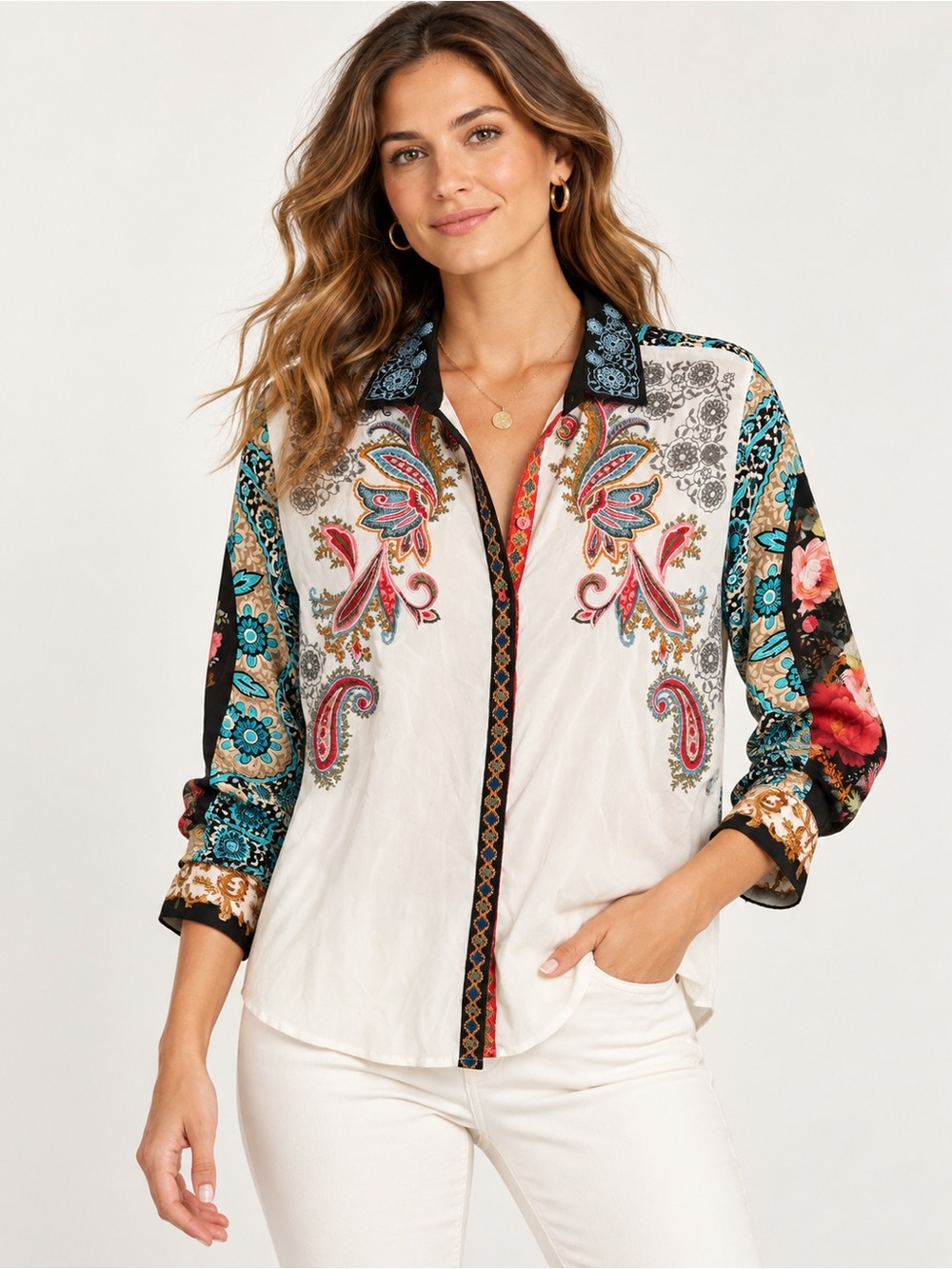 Johnny Was 100% Silk Embroidered Mixed Print Button Front Blouse Size S